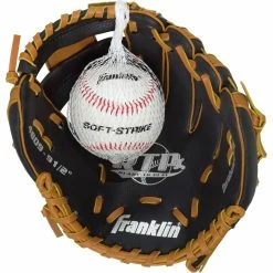 Wholesale 🔔 Franklin Sports 9.5 In. Black/Tan PVC Right Handed Thrower ⚾ Baseball Glove With Ball 💯